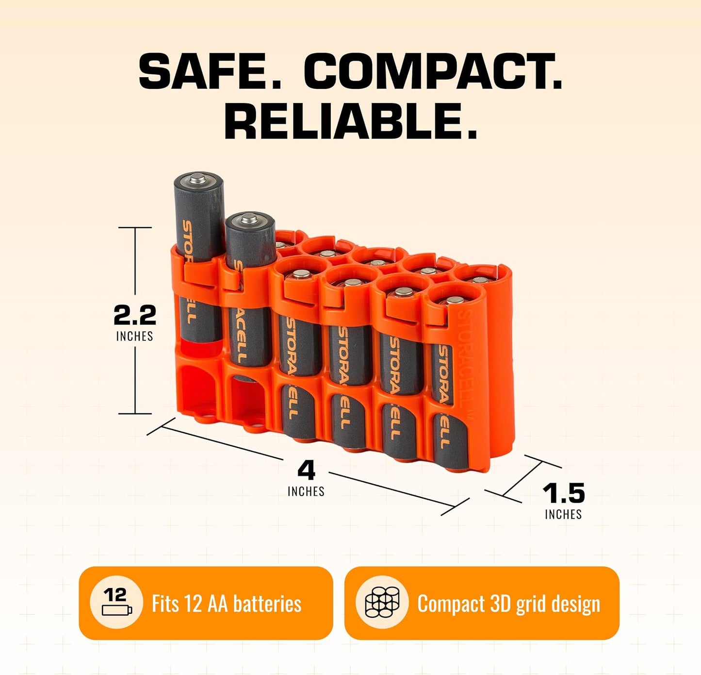 AA Battery Storage Caddy by Storacell, Orange, Holds 12 Batteries (Not included)