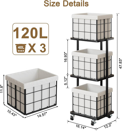 120L Vertical Rolling Laundry Hamper with Removable Bags, 3 Section Laundry Basket with Wheels, Slim Tall 3 Tier Laundry Sorter for Small Spaces, Dorm, Laundry Room, Bathroom, Closet, White