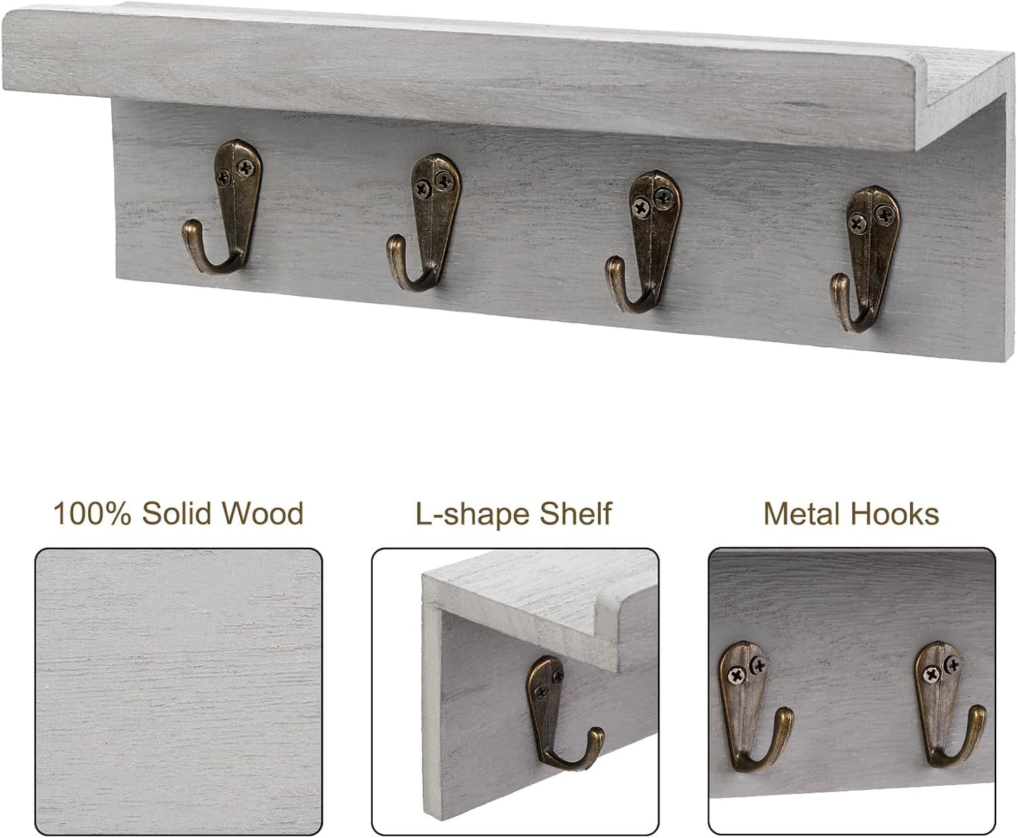 HRONRAD Rustic Key Holder for Wall, Farmhouse Wall Shelf with 4 Hooks, Wall Mounted Key Racks, Wooden Mail Organizer with Hooks for Entryway (Brown)
