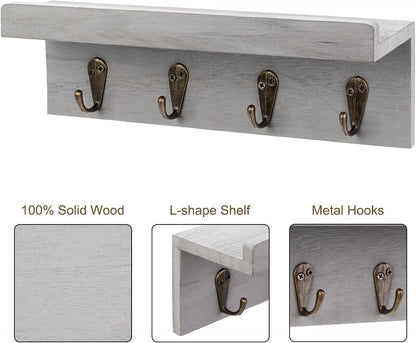 HRONRAD Rustic Key Holder for Wall, Farmhouse Wall Shelf with 4 Hooks, Wall Mounted Key Racks, Wooden Mail Organizer with Hooks for Entryway (Brown)