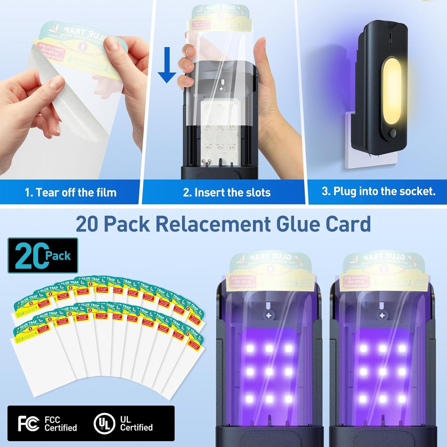 Fruit Fly Trap for Indoors with 10 Refills, 2 in 1 Fly Trap Indoor with Night Light for Home, Gnat Traps for House Indoor, Plug-in Insect Trap for Gnats, Flies, Moths, and Other Bugs-White