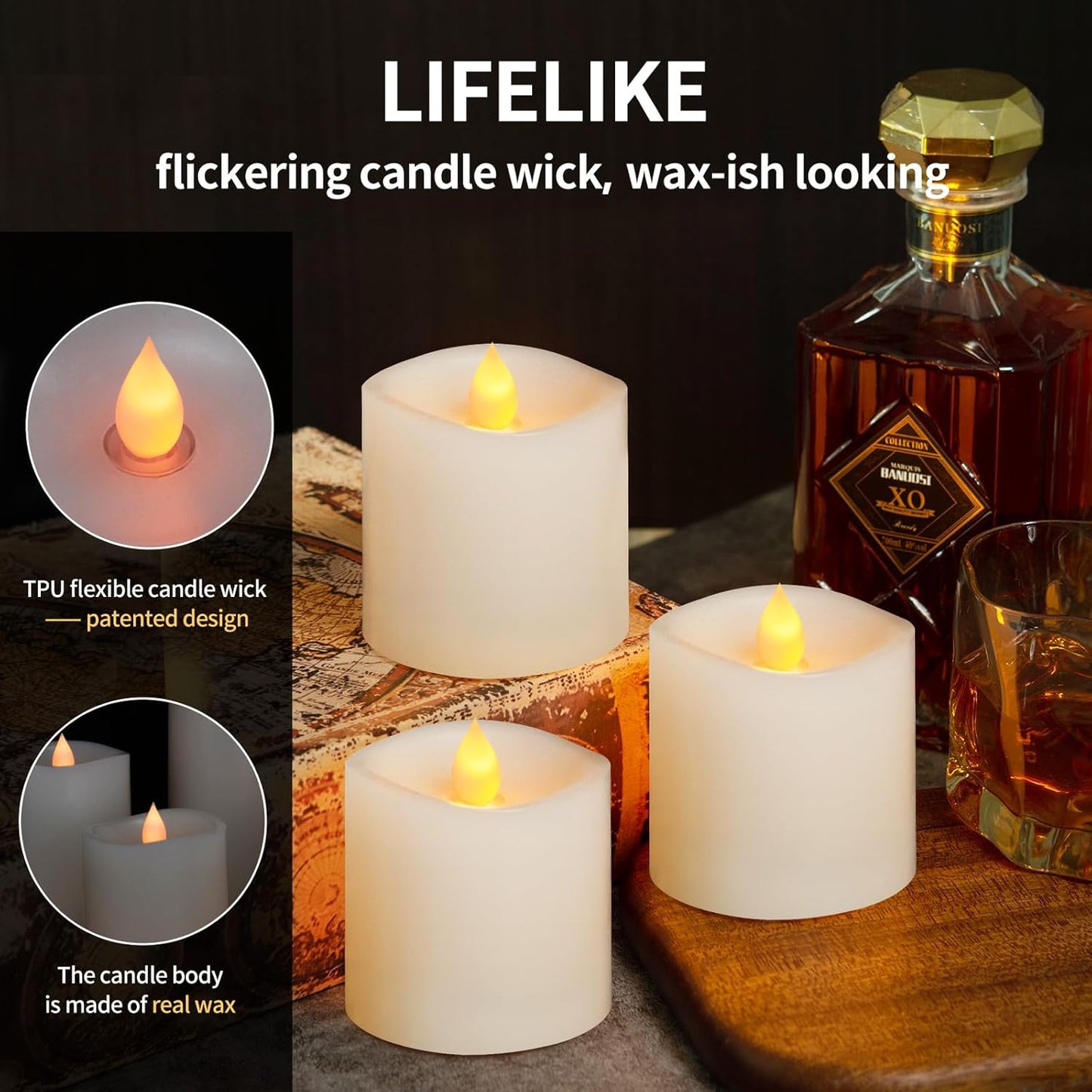 3x3 Flickering Flameless Candles Set of 2, 2AA Battery Life 600 Hours Battery Candles Flickering with Timer,3 inch Flameless Candles with Remote for Indoor/Outdoor, Ivory
