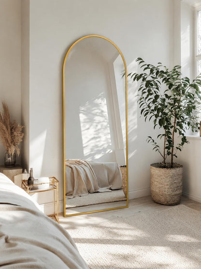 Full Length Mirror with Stand, 71"x28" Arched Full Body Large Stand Up Aluminum Frame Floor Standing Mirror, Freestanding Hanging Leaning Mounted for Bedroom Living Room Entryway Gold
