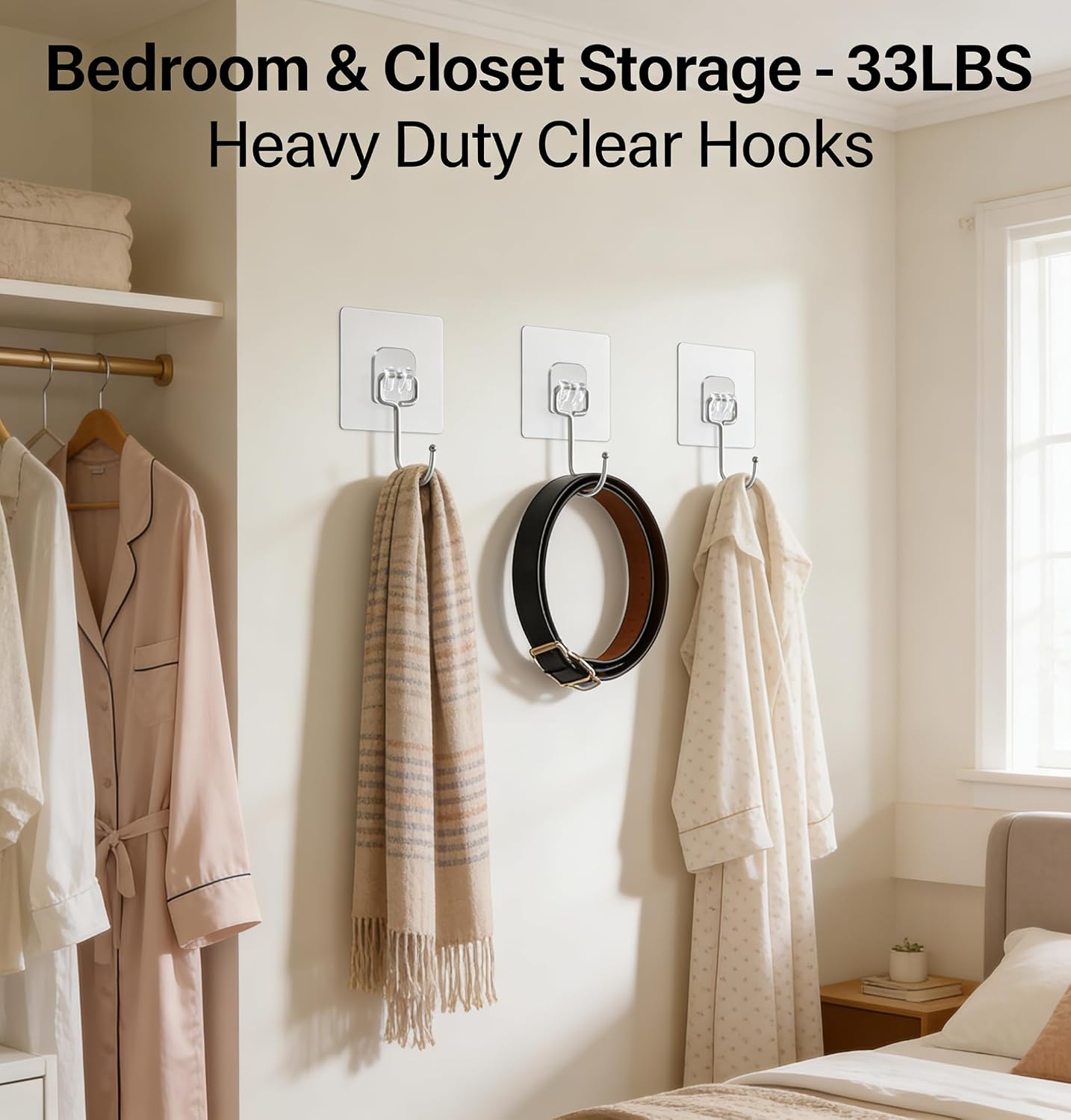 15-Pack Large Adhesive Hooks Heavy Duty 33 lbs - Transparent Waterproof Wall Hooks for Towels & Robes, No Damage