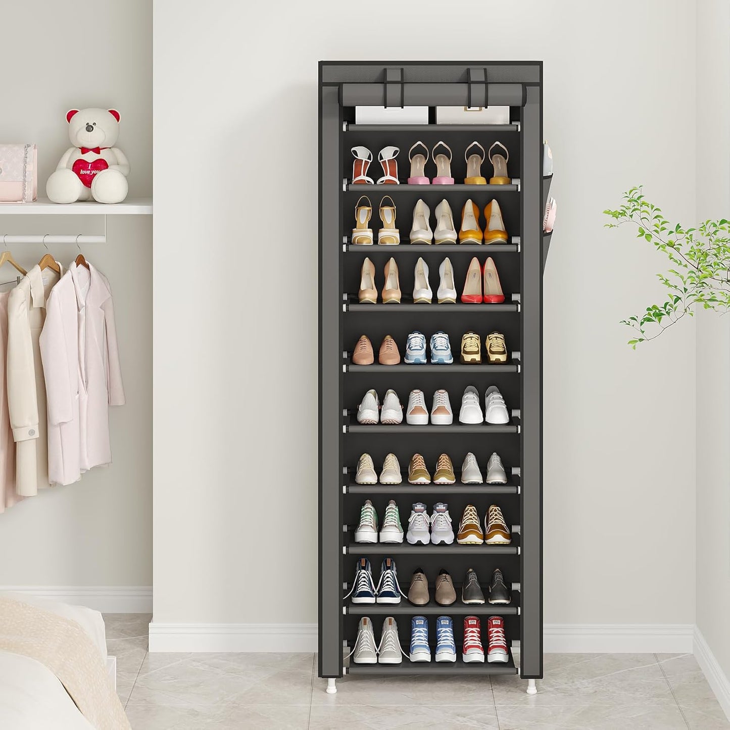 UDEAR 10-Tier Free Standing Shoe Rack Sturdy Shoe Rack Organizer for Closet Entryway Stackable Shoe Shelf with Dustproof Cover,Black