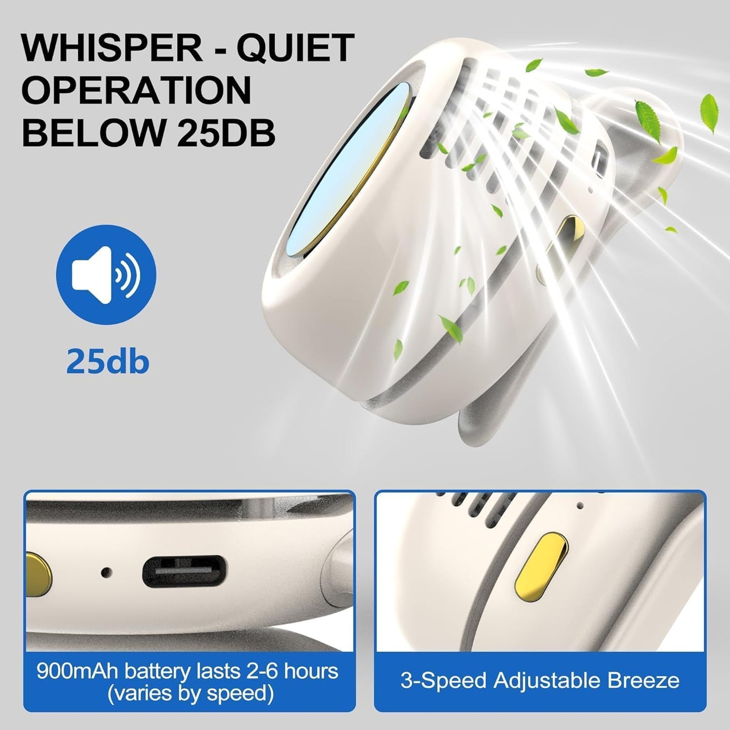 TFQXA1Z Portable Silent Clip On Bladeless Fan, Rechargeable Wearable Fan - Hands-Free Waist & Neck Cooling, 3 Speeds, 6H Runtime, USB-C Fast Charge (White)