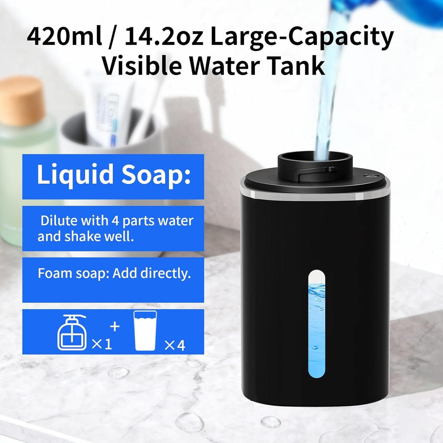 Automatic Foaming Soap Dispenser, Touchless Hand Soap Dispenser, USB Rechargeable, 4 Adjustable Levels, 14.2 oz (420 ml) Large Capacity, for Bathroom, Kitchen & School (Black, Foaming)