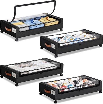 Yecaye Under Bed Storage with Wheels, 2 Pack Under Bed Storage Containers, 60L Underbed Shoe Storage with Clear Window & Label, Rolling Under Bed Metal Drawer for Clothes, Shoes, Books, Blankets