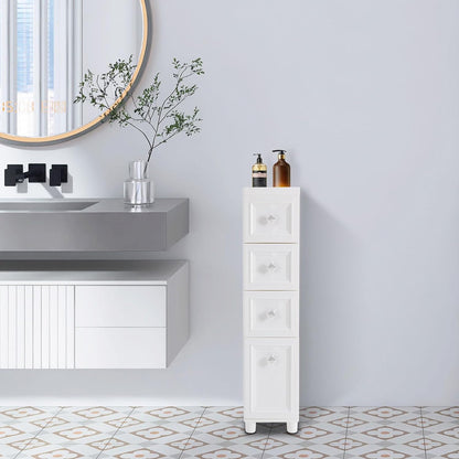 Slim Bathroom Storage Cabinet Freestanding Narrow Plastic Rolling Cart Bathroom Organizer with Drawers for Small Space Office, White (4-Tier)