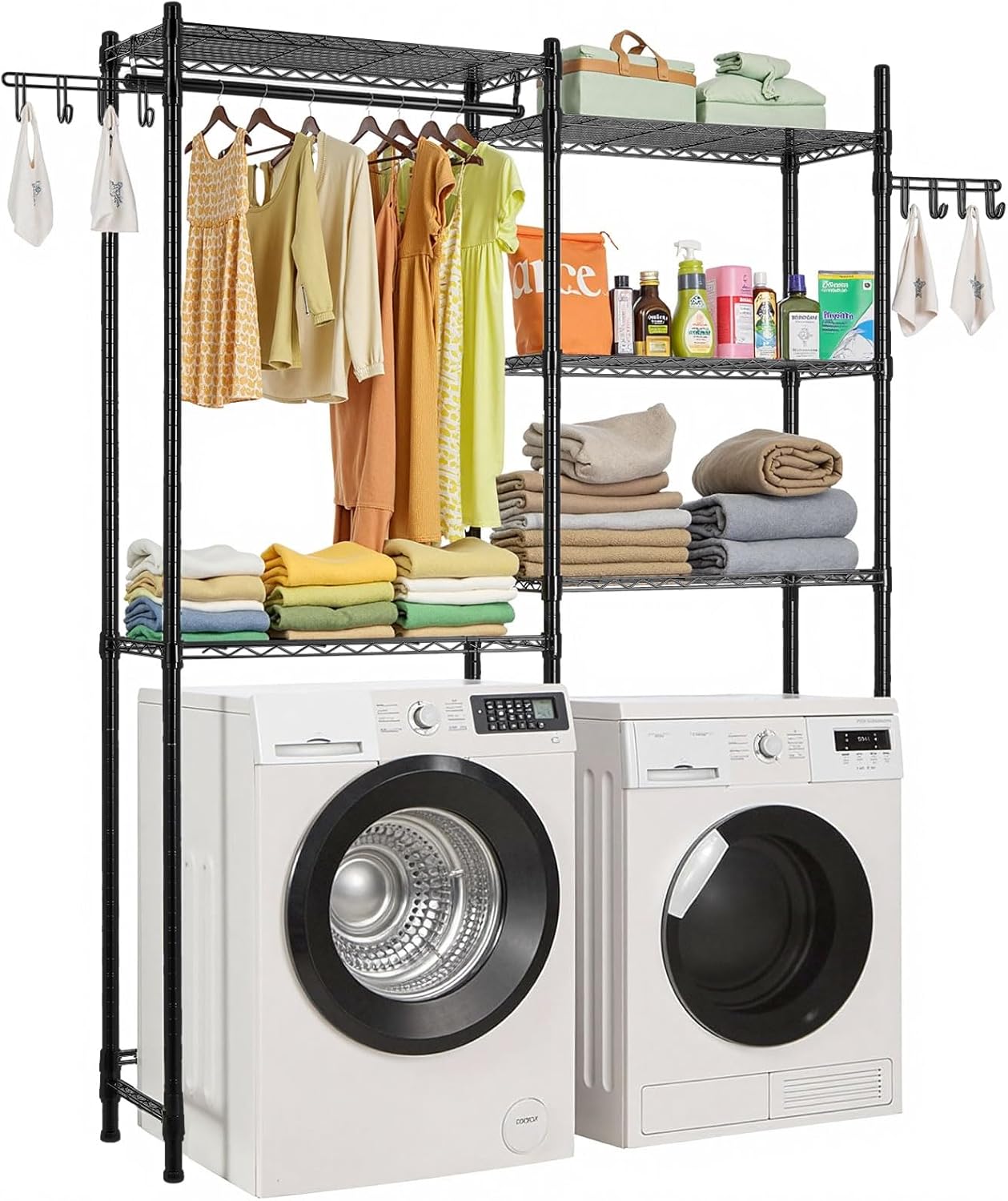 VEVOR Over Washer and Dryer Storage Shelves, 6 Tiers Laundry Room Drying Rack with Hanger Rod and Hooks, Two Rows Adjustable Washer Shelves Space Saver, for Laundry Room Storage & Organization, Black