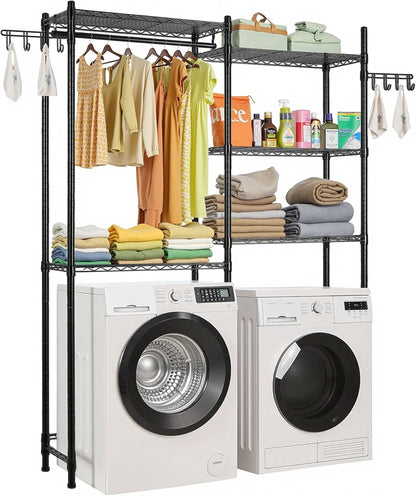 VEVOR Over Washer and Dryer Storage Shelves, 6 Tiers Laundry Room Drying Rack with Hanger Rod and Hooks, Two Rows Adjustable Washer Shelves Space Saver, for Laundry Room Storage & Organization, Black