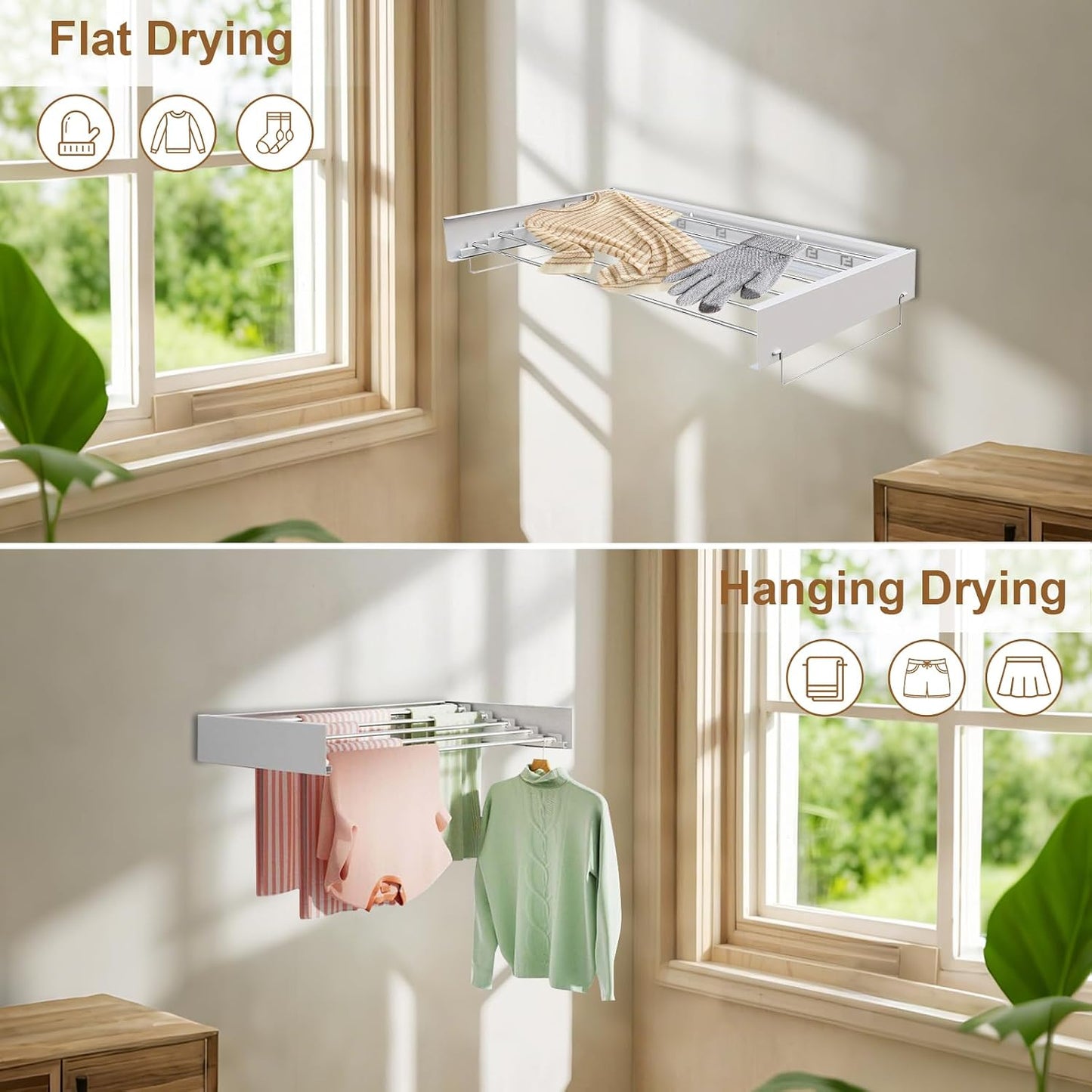 Wall Mounted Drying Rack, Laundry Drying Rack Collapsible with Aluminum Rods Foldable Indoor Retractable Clothes Hanging Rack for Bathroom Laundry, Space Saving 31.5"