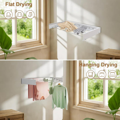 Wall Mounted Drying Rack, Laundry Drying Rack Collapsible with Aluminum Rods Foldable Indoor Retractable Clothes Hanging Rack for Bathroom Laundry, Space Saving 31.5"