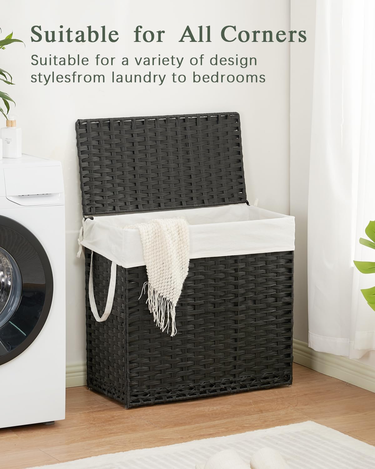 SETVSON Laundry Hamper with Lid Laundry Basket 132 L (35 Gal) Wicker Clothes Hamper, Handwoven Rattan Hamper with Handles and 4 Removable Liner Bags, 6 Mesh Bags for Laundry Bedroom Natural