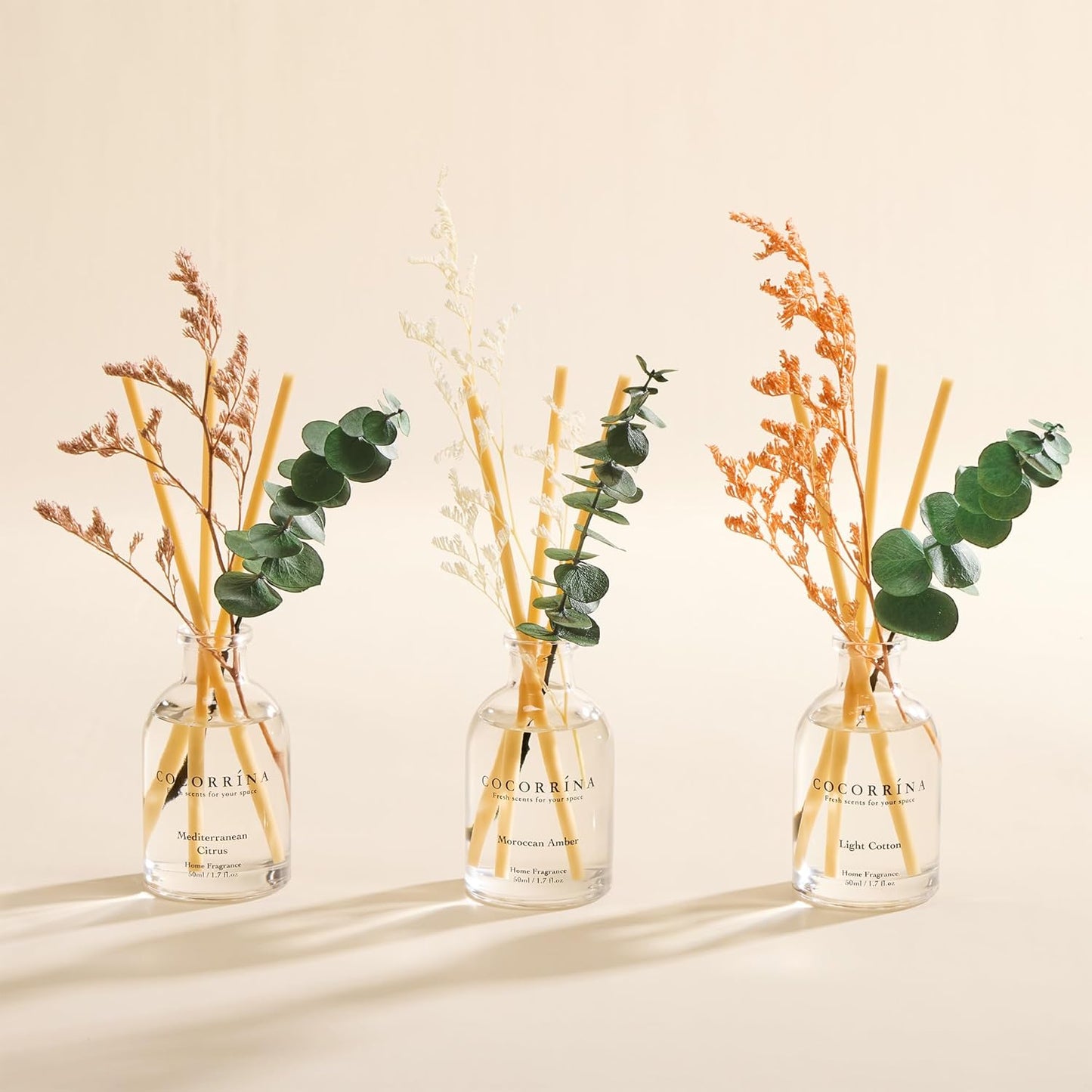 COCORRÍNA Eucalyptus Reed Diffuser Set of 3 - Eucalyptus & Moss, Clean Linen, Ocean Mist Scents, 1.7 fl oz Each, Total 5.1 oz, Scented Oil Diffusers for Home & Office