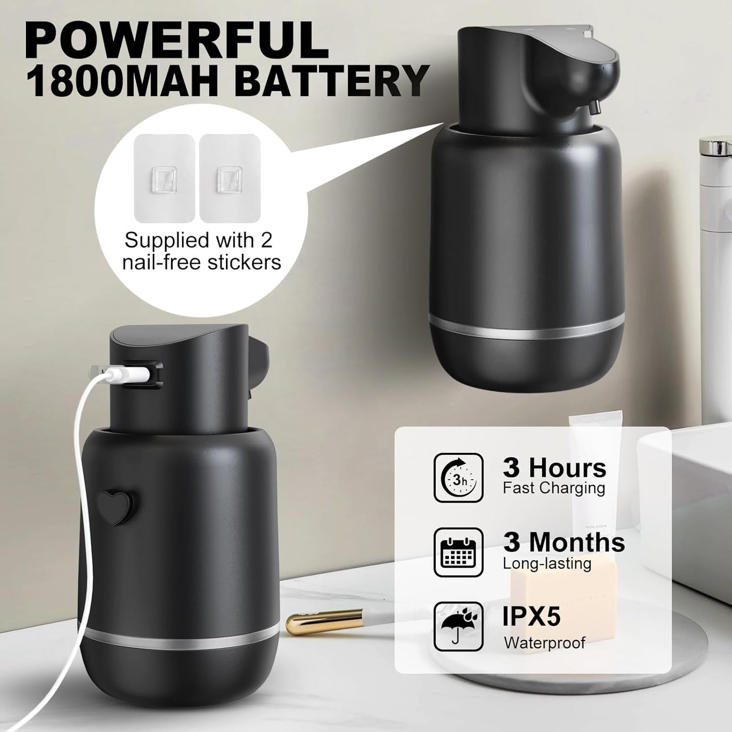 Automatic Foaming Soap Dispenser 15oz/420ml Foaming Hand Sanitizer Touchless Wall Mount with 4levels Adjustable Free Touch Electric Soap Dispenser Rechargeable with Sensor(White)