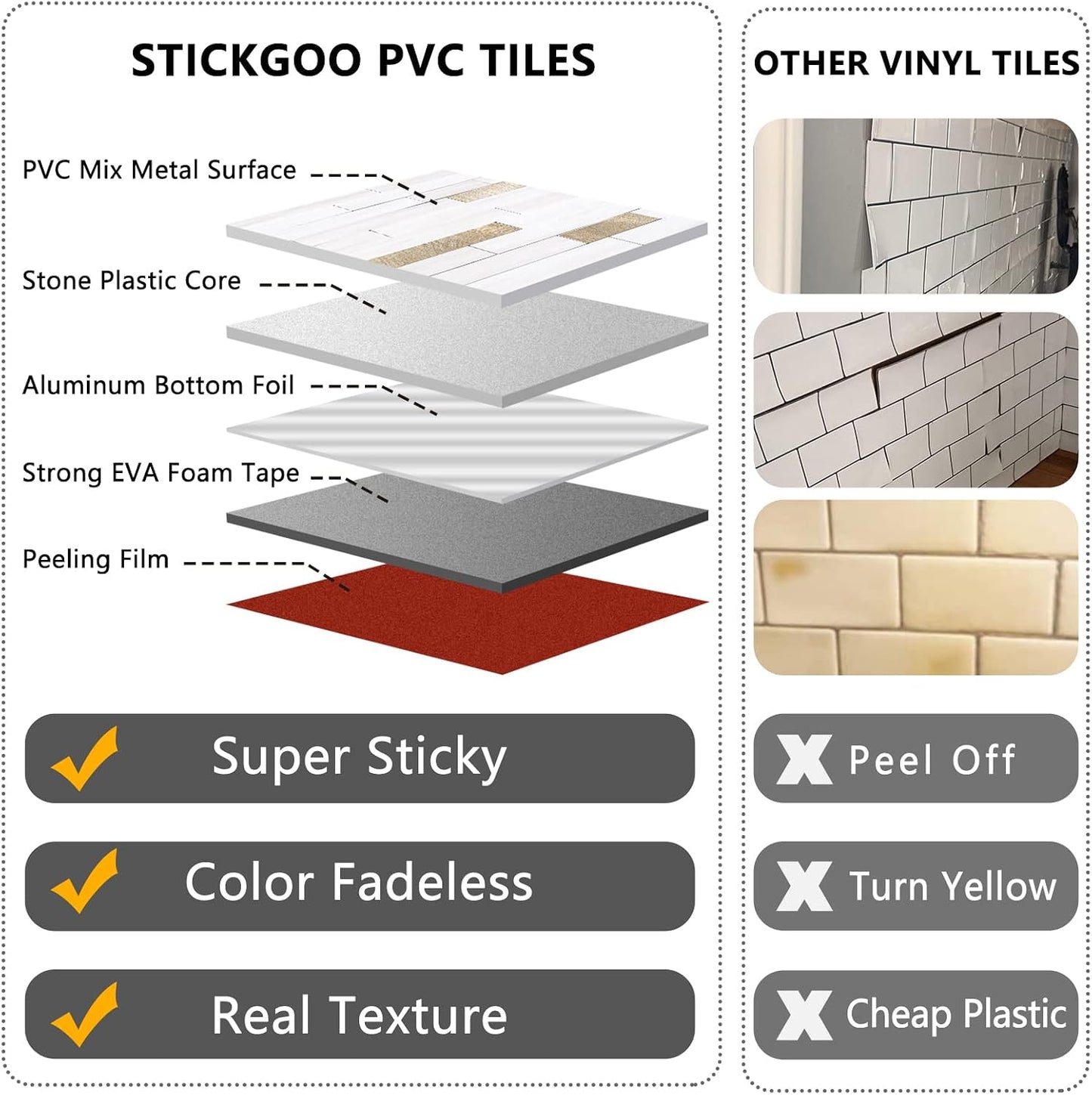 STICKGOO 20 Sheets Peel and Stick Backsplash Tile, Stick on Backsplash for Kitchen and Bathroom, White Sandstone Look PVC Mixed Metal Gold Self Adhesive Wall Tiles