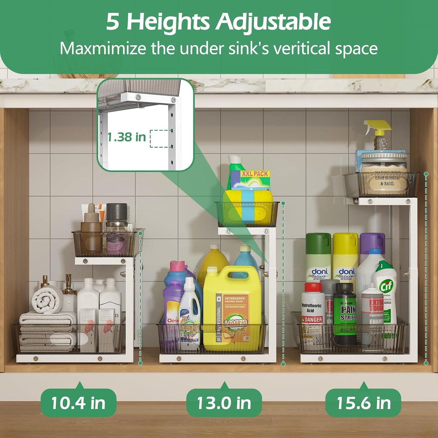 ADRIMER Under Sink Organizer 2 Packs, Pull Out Kitchen Sink Organizer, 2 Tier Slide Out Kitchen Organizers and Storage Bathroom Under Cabinet Storage Shelf, Transparent & White