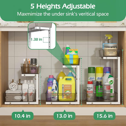 ADRIMER Under Sink Organizer 2 Packs, Pull Out Kitchen Sink Organizer, 2 Tier Slide Out Kitchen Organizers and Storage Bathroom Under Cabinet Storage Shelf, Transparent & White