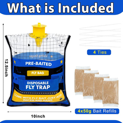 Big Disposable Hanging Fly Trap Bag 4 Pack for Chicken Coop Barn Ranch Farm | 50g Dissolvable Bait Fly Hunter for Flying Insects, Large Clear Capacity, No Messy Cleanup, Weatherproof Outdoor-only Use