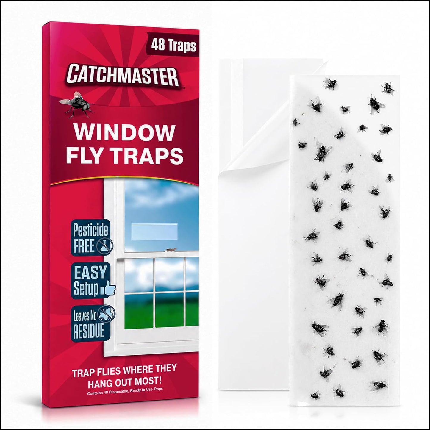 Catchmaster Window Fly Traps 12-Pack, Designed to Disguise House & Fruit Fly, Gnats, Adhesive Strips for Indoor, Disposable Bug Catcher, Insect Sticky Glue Traps, Pest Control for Home & Kitchen