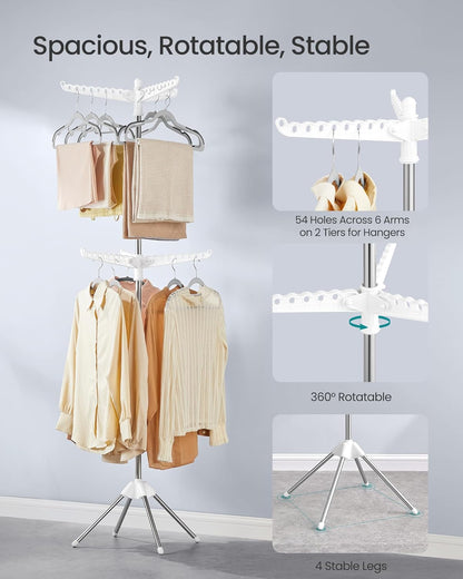SONGMICS 2-Tier Clothes Drying Rack, 72-Inch Folding Laundry Drying Rack with 3 Rotatable Arms for Hangers, 24 Clips, Stainless Steel, for 27 Pieces of Clothes, Blue and Silver ULLR512Q01