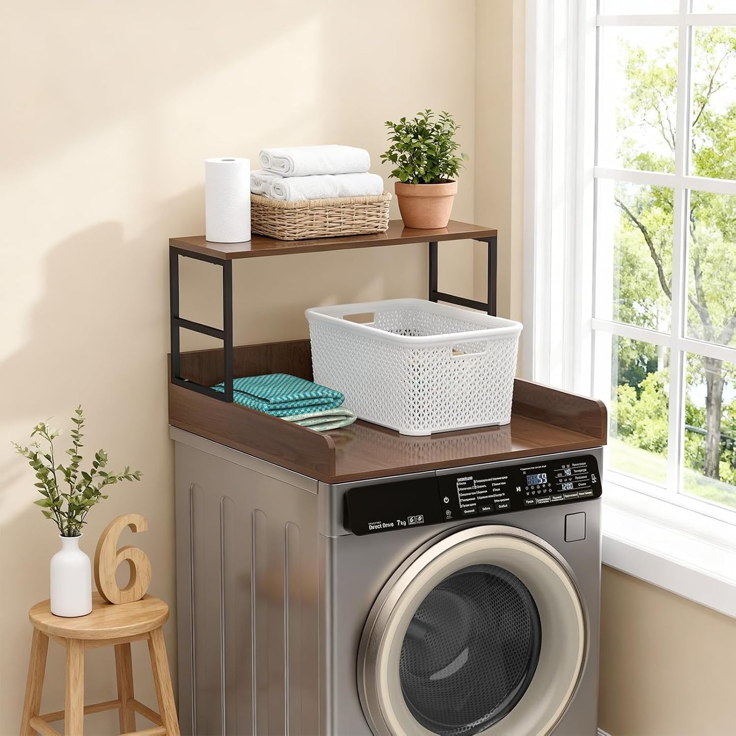 Washer Dryer Countertop with Guardrails, Heavy Duty Laundry Room Counter Top with Anti-Slip Strips & Storage Space, Waterproof Over Washer Dryer Shelf for Laundry Room Organization Black