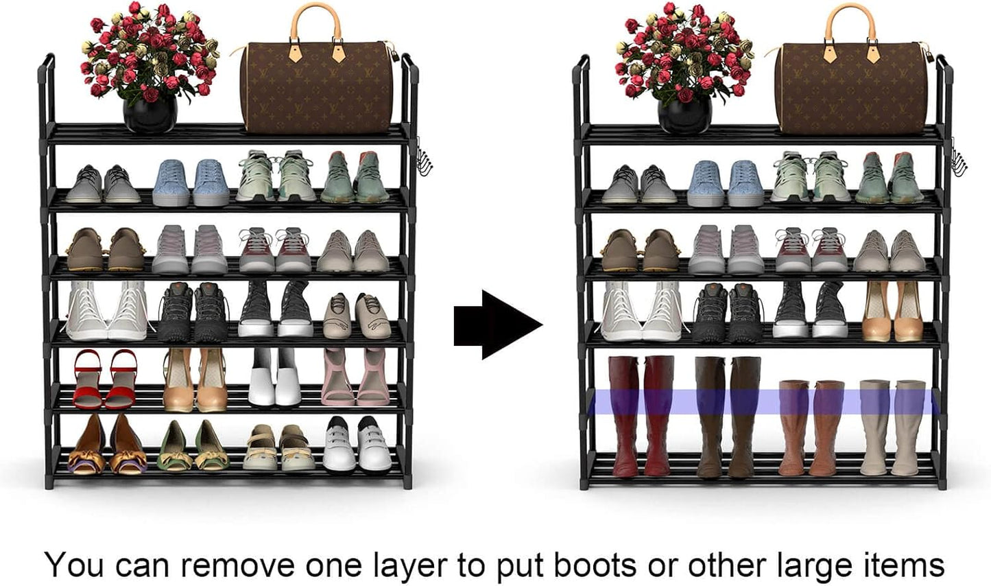 Hsscblet 5 Tiers Metal Shoe Rack,Adjustable Shoe Shelf Storage Organizer with Hooks,Stackable Boot & Shoe Storage,for Entryway,Hallway,Closet,Black
