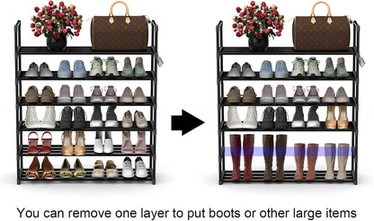 Hsscblet 5 Tiers Metal Shoe Rack,Adjustable Shoe Shelf Storage Organizer with Hooks,Stackable Boot & Shoe Storage,for Entryway,Hallway,Closet,Black