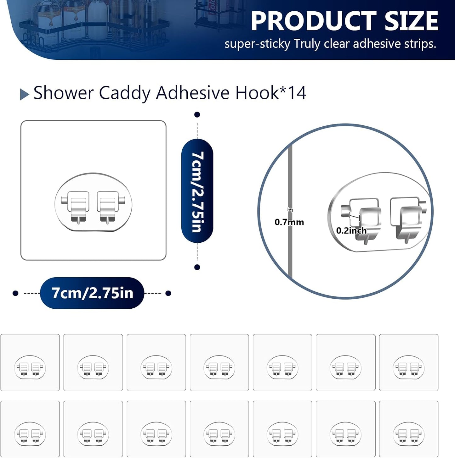 FGSAEOR 14-Pack Shower Caddy Adhesive Single Hooks for Replacement, Shower Holder Organizer Self Adhesive Wall Hooks for Bathroom Corner Shelf Basket Soap Dish