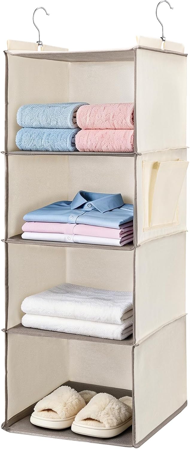 BOOMIBOO Hanging Closet Organizer and Shelves, 4 Shelves with 1 Side Pockets, Foldable, Grey Fabric, Modern Style, for Bedroom and Dorm Room (Grey)