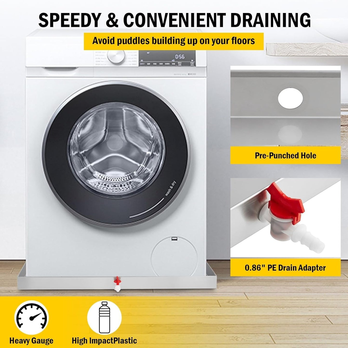 GarveeTech 32 in x 30 in Washing Machine Pan for Washer and Dryer, 304 Stainless Steel Drain Pan, Washer Drip Tray with Drain Hole & Hose Adapte, 4 Pcs Anti-Vibration Washing Machine Feet