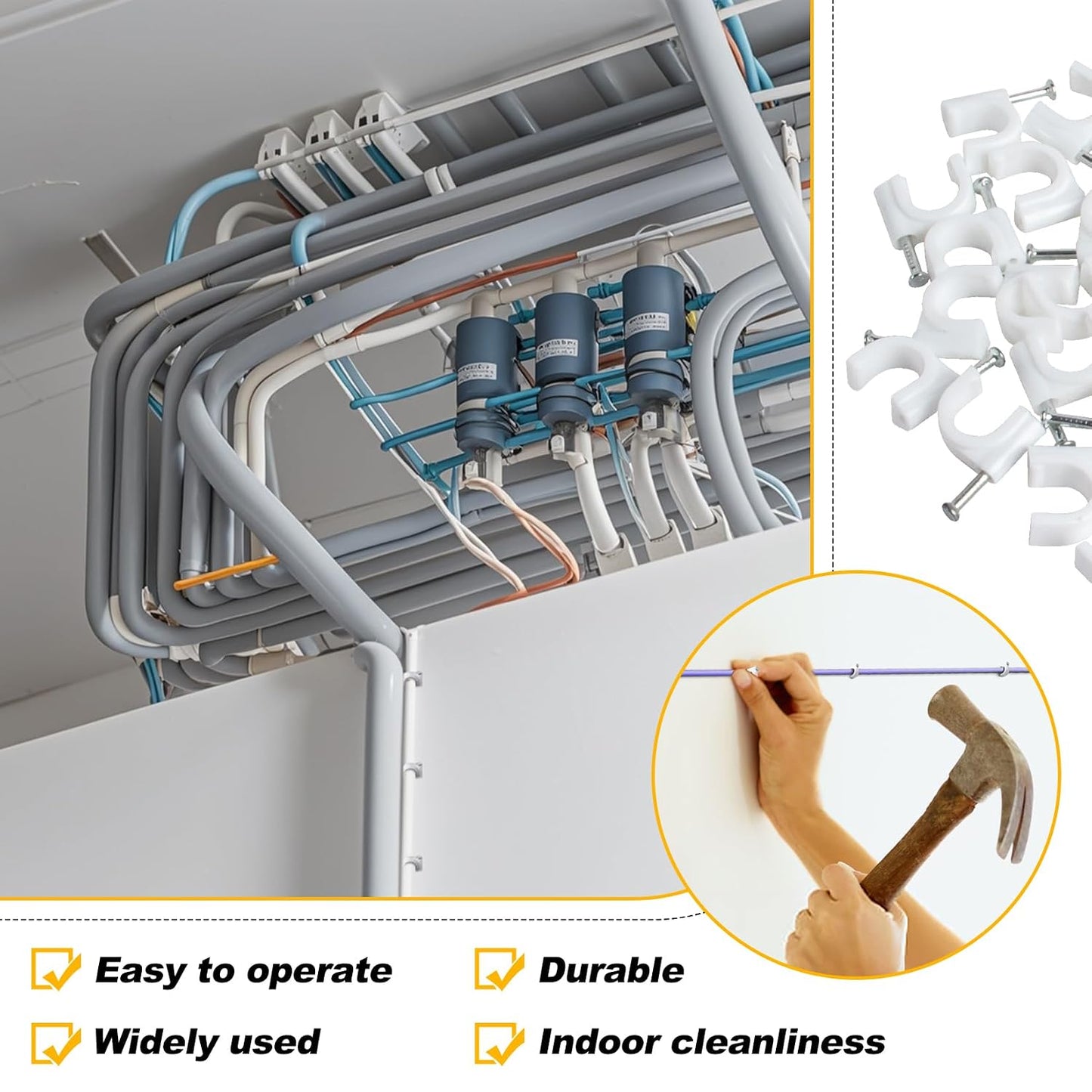 Cable Wire Clips - 100 Pcs White Cable Clips 8mm 10mm Wire Staples Wall Cables Management with Steel Nails Cord Holder for Wires, Ethernet, Cord Organization