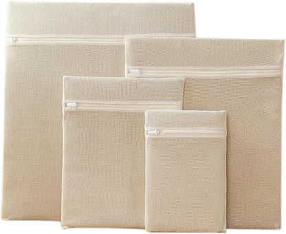 4-Piece 100% Cotton Mesh Laundry Bags, Premium Soft No-Dye Natural Delicate Bags with Sturdy Zippers, Breathable for Underwear, Socks, Clothes & Pants