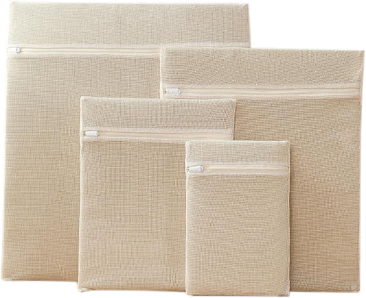 4-Piece 100% Cotton Mesh Laundry Bags, Premium Soft No-Dye Natural Delicate Bags with Sturdy Zippers, Breathable for Underwear, Socks, Clothes & Pants