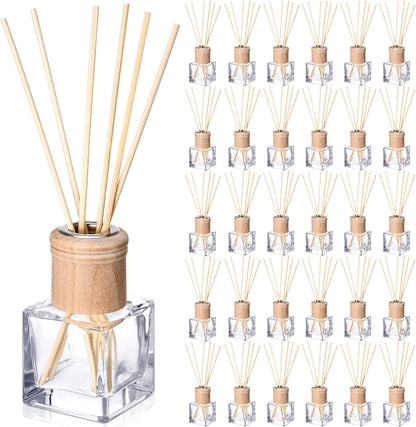 Roshtia 4 Set Reed Diffuser Bottle Empty Refillable Fragrance Glass Diffuser Bottles with Wooden Caps Rattan Sticks 50ml 1.7 oz Glass Jars for DIY Fragrance