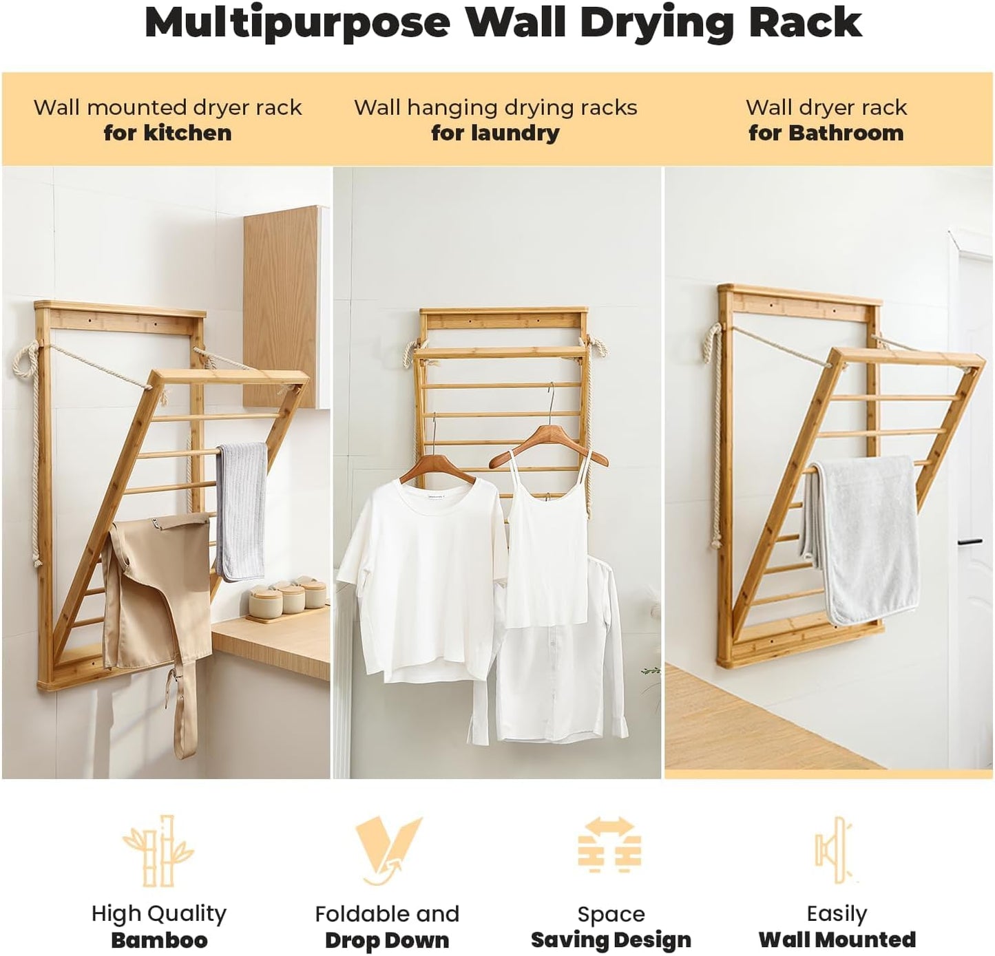 Clothes Drying Rack, Foldable Bamboo Wall Mounted Laundry Rack – Space-Saving, Drop-Down Design – 23" Wide, 40.9" High – Sturdy & Elegant for Home, Laundry Room & Bathroom