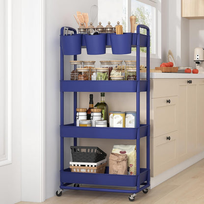 JIUYOTREE 4-Tier Plastic Rolling Storage Cart Utility Cart with Extra Hanging Cups Handles Lockable Wheels for Living Room Bathroom Kitchen Office White