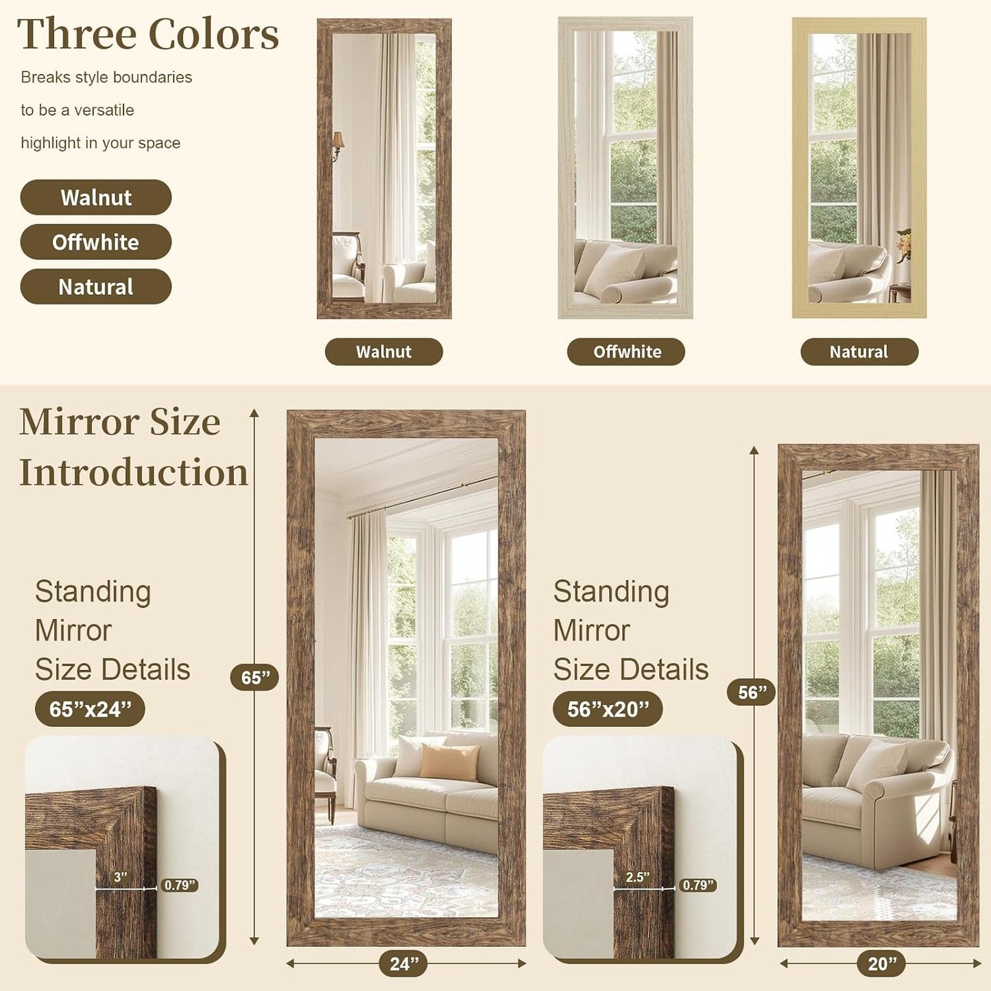 Syndra Modern Full Length Mirror Wood Frame, 65x24'' Large Floor Mirror with HD Tempered Glass & Wall Mount, Rectangular Standing Mirror for Bedroom, Living Room, Entryway, Farmhouse(Grey White Oak)