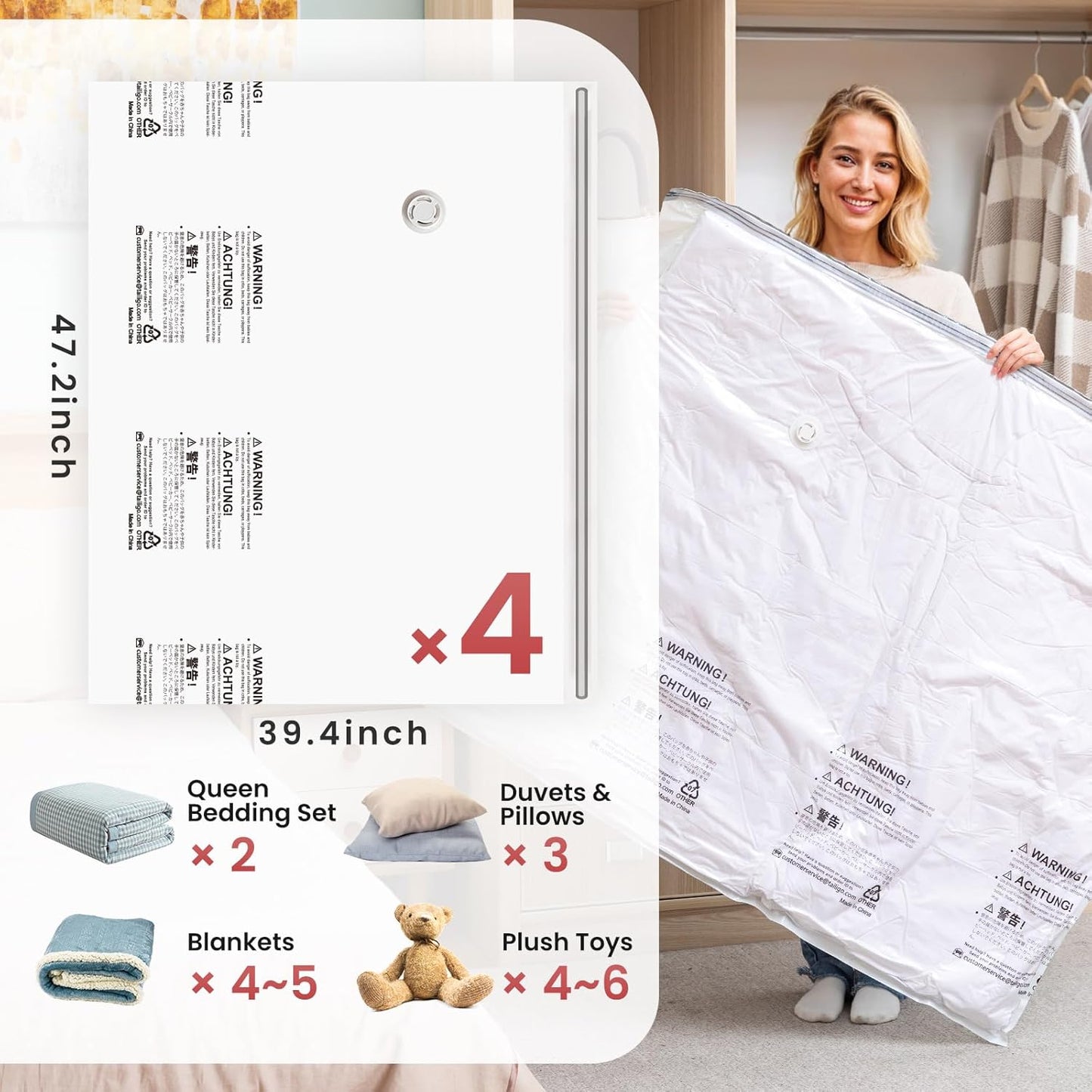 TAILI 8 Pack Jumbo Vacuum Storage Bags, 39x28 inch, LONG SIDE ZIP Vacuum Seal Bags for Clothing, Space Saver for Beddings, Comforters, Blankets, Pillows