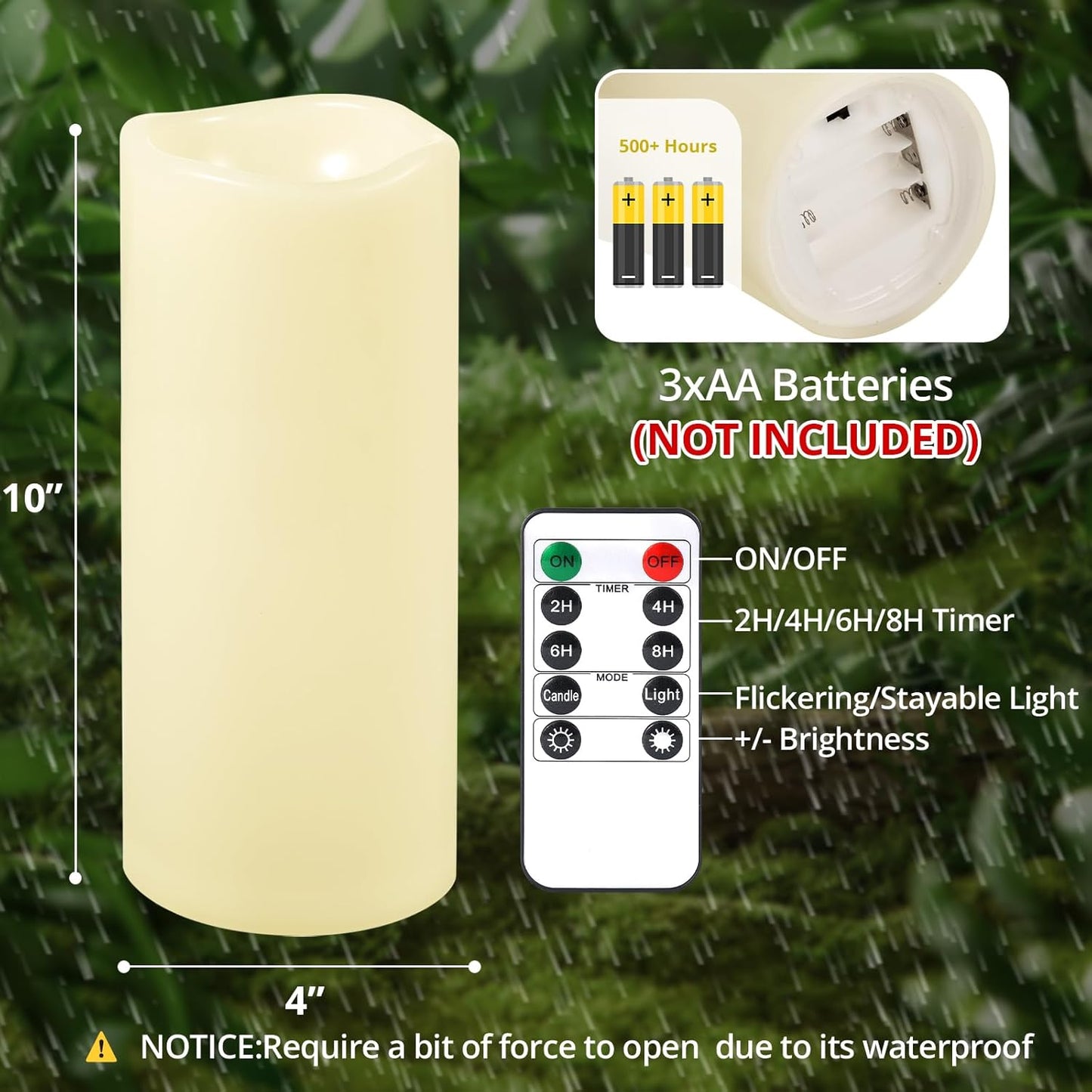 NURADA Large Waterproof Flameless Candles 6" 8" 10" x 4" - Outdoor Indoor LED Pillar Flickering Candle Battery Operated with Timer Remote for Patio Porch Lanterns - Ivory White Set of 3