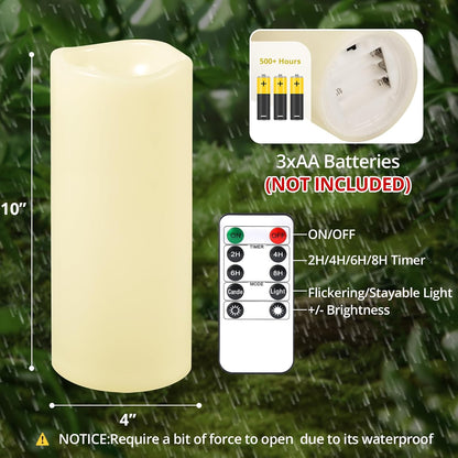 NURADA Large Waterproof Flameless Candles 6" 8" 10" x 4" - Outdoor Indoor LED Pillar Flickering Candle Battery Operated with Timer Remote for Patio Porch Lanterns - Ivory White Set of 3
