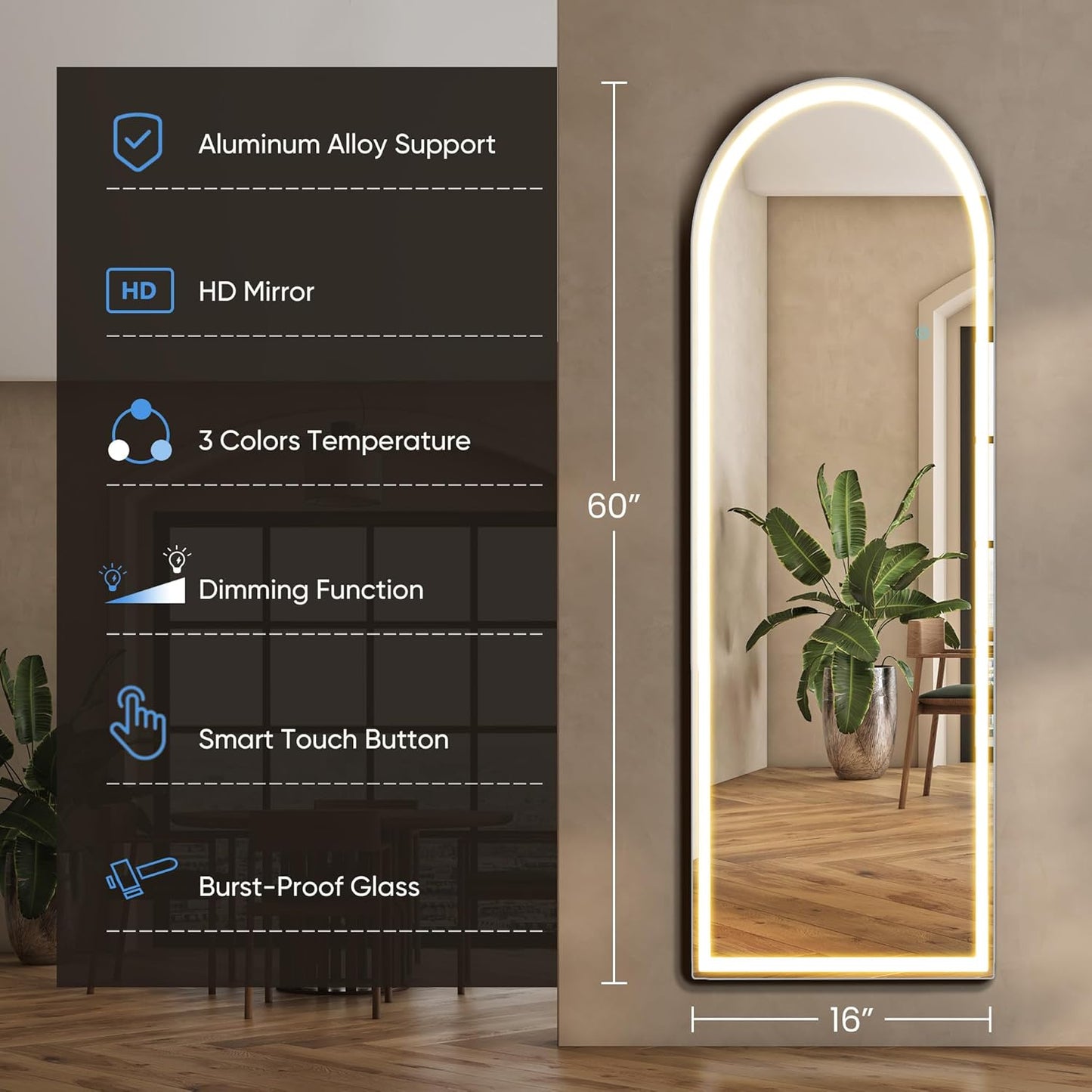 OLIXIS 64"x 21.5" Arched Mirror Full Length, Full Body Mirror with Stand, Hanging or Leaning for Wall, Floor Standing with Shatter-Proof Glass for Bedroom, Living Room, Long, Black