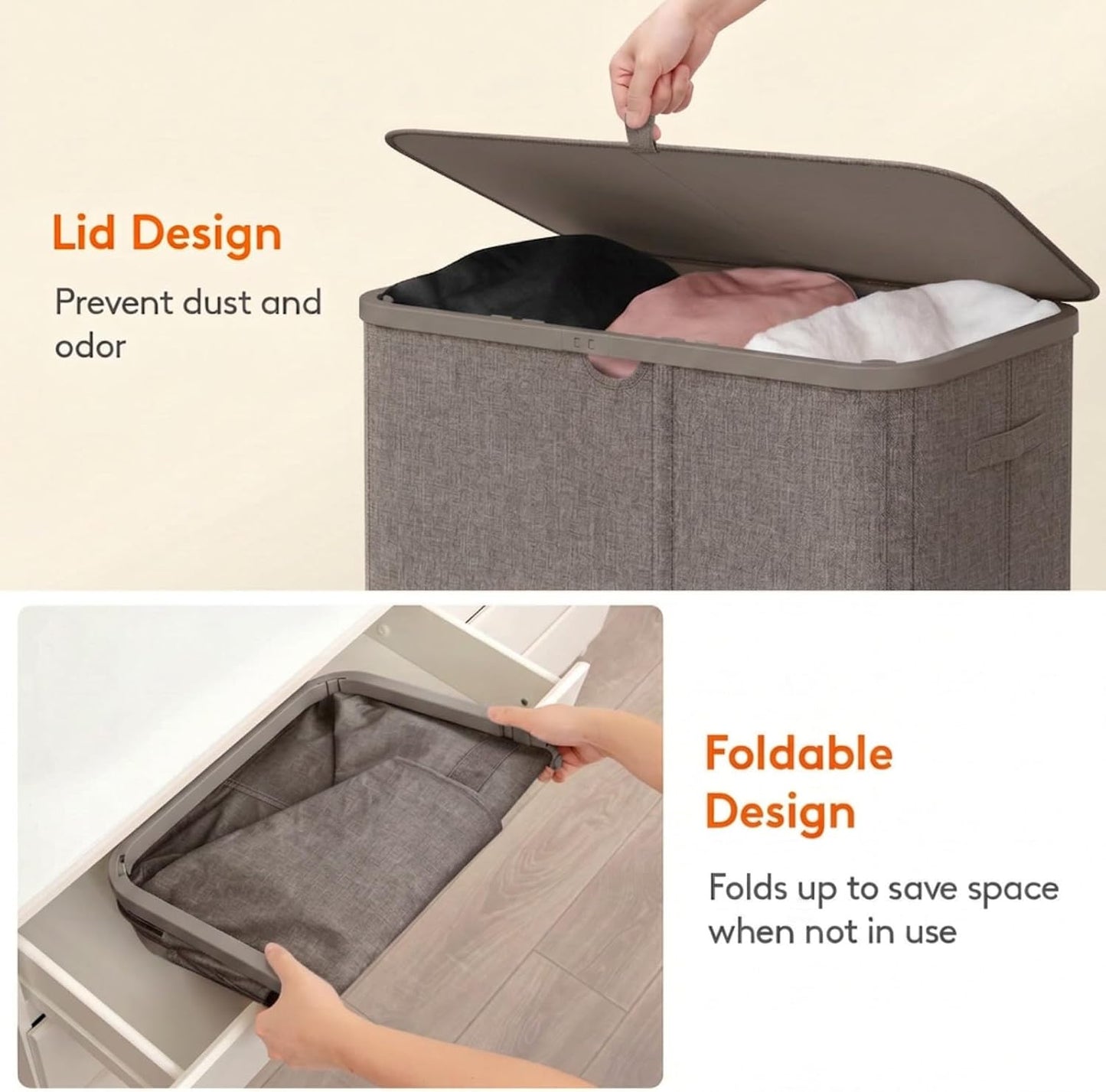 Lifewit 185L 3 Section Laundry Hamper with Lid, Large Laundry Basket with Handles and Removable Bags, Tall Clothes Hamper, Foldable Laundry Sorter for Bedroom Bathroom, Beige