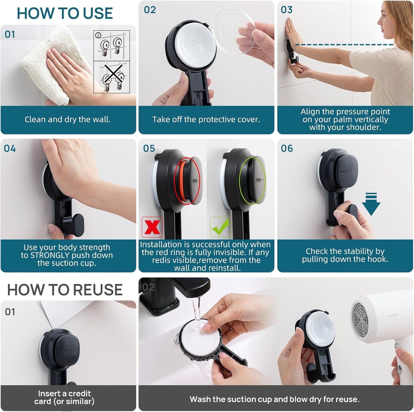 TAILI Suction Cup Razor Holder for Shower Wall 2 Pack, Versatile Suction Cup Hooks for Razor, Towel, Loofah, Squeegee, Cell Phone, Removable Damage-Free Hanging Shower Hook, Shaver Holder, Black