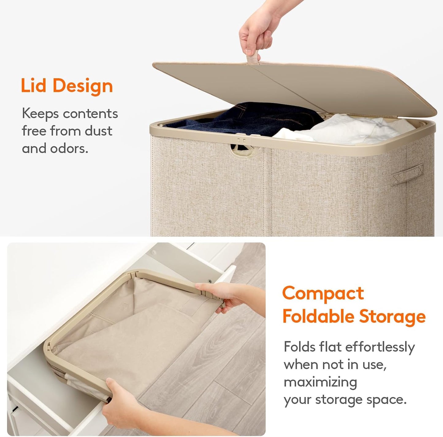 Lifewit 165L Large Laundry Basket with Lid, Laundry Hamper with Plastic Handles and Removable Bag, Foldable Tall Dirty Clothes Hampers for Laundry for Laundry Room, Bedroom, Bathroom, Dorm, Beige