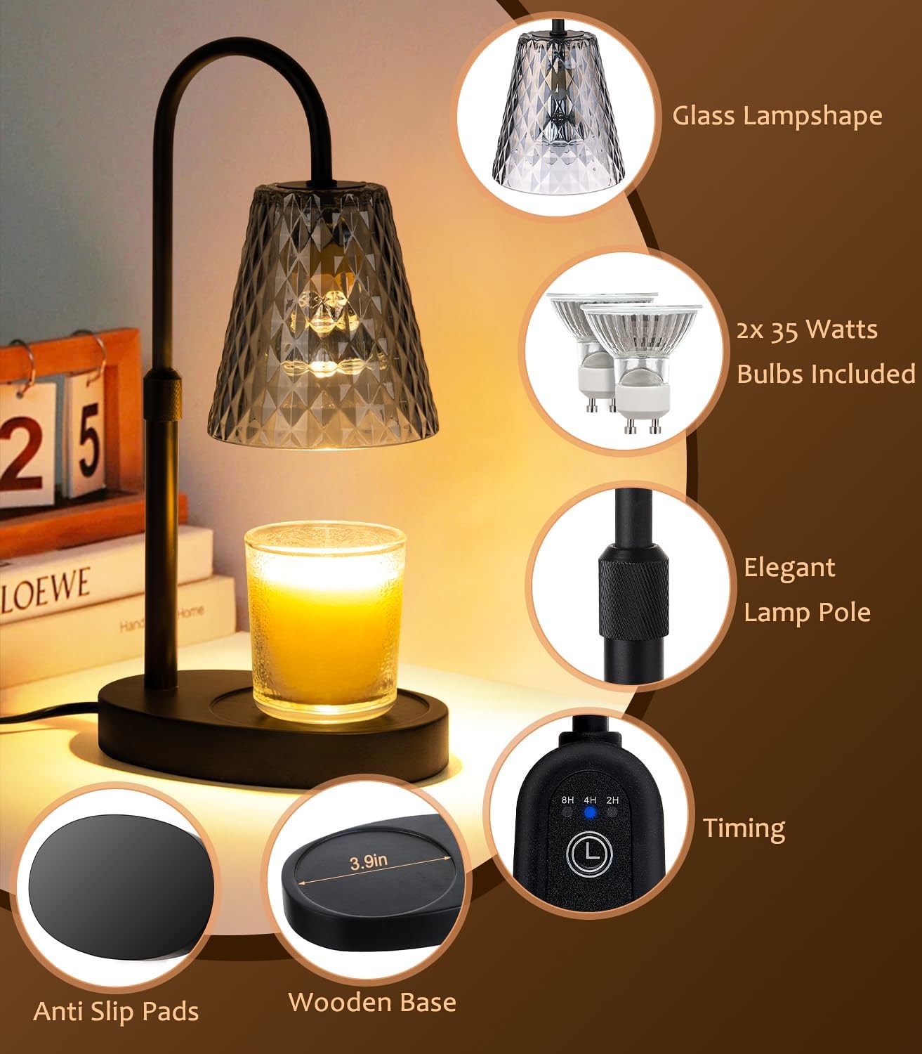 Candle Warmer Lamp with Timer - Electric Candles Wax Warmers Glass Lamps for Jar Candles Burner Adjustable Height and Dimmable Light Modern No Flame Scented Candle Warming Lantern, Amber