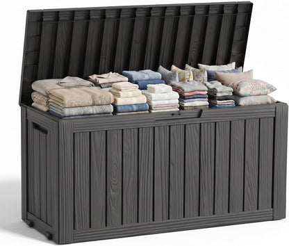 Waterproof Outdoor Storage Box Outside Deck Box Lockable Resin Bench UV Resistant Furniture Cushion Pool Tool Float Bin Patio Garden Porch (Black, 120 Gallon)