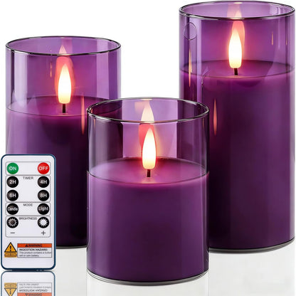 Homemory Green Glass Flameless Candles, Battery Operated LED Pillar Candles with Remote Control and Timer, Radiance Candles, Real Wax, Set of 3,D3 xH4 5" 6"