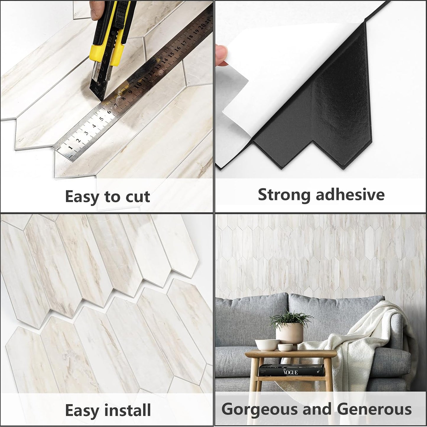 Vamos Tile Glossy Dolomite White Backsplash Tile Peel and Stick, 12.8 x 12.8 Inch 10 Sheets Long Hexagon PVC Self Adhesive Mosaic Wall Tiles Stick on Backsplash for Kitchen and Bathroom